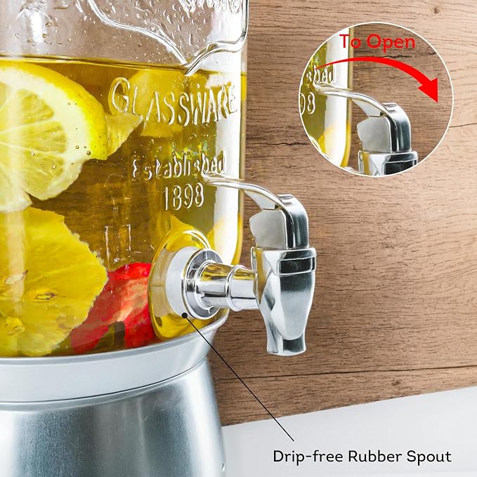 Lily's Home Glass Beverage Dispenser With Stand – 1 Gallon Capacity - Easy-Use Spigot - Drink Dispenser for Parties/BBQs - Large Mouth for Ice/Fruits - Water Dispenser Countertop Use