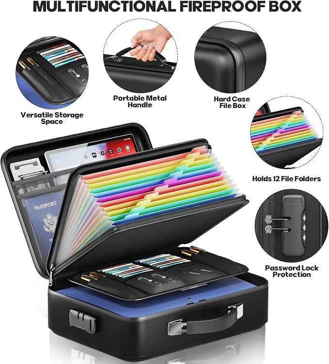 Fireproof Document Box, Hard Case Highly Flame-Resistant Fire Proof Waterproof File Organizer with Lock, Portable Fire Safe for Important Documents & Valuables Storage (Black, ‎15"*11"*5")