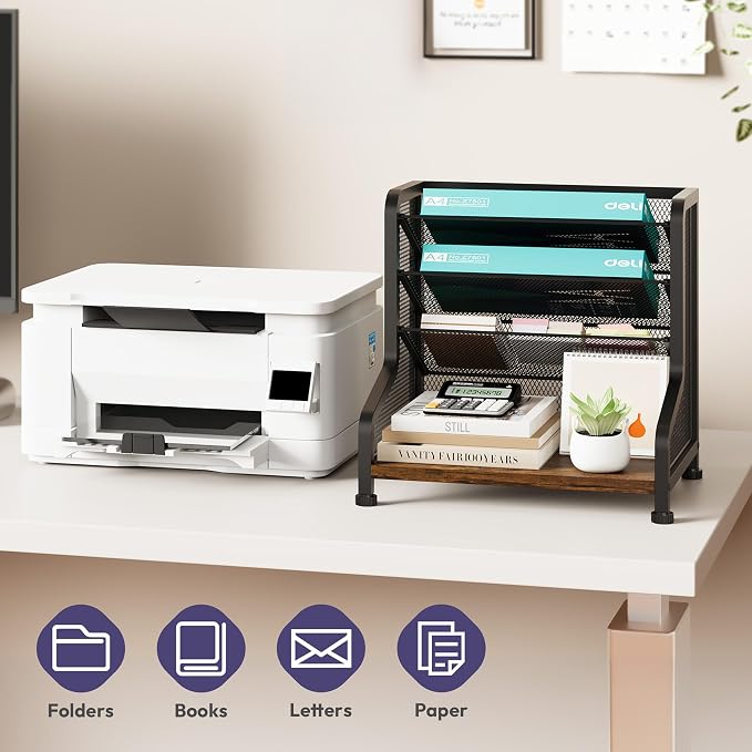 SWTYMIKI Paper Organizer, Mesh and Wood Desk Office Organizer, Office Organization and Binder Storage for Workspace, Home, School, Espresso