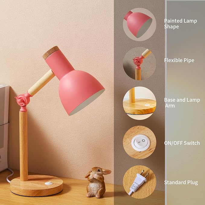 Adjustable Wooden Arm Desk Lamp, Metal Shade Table Lamp | Dorm Lamp,Bedside Lamp,Reading Lamp,Lamp for Home Office
