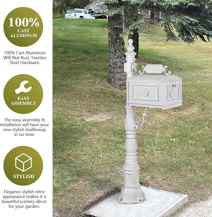 Polar Aurora Barcelona Decorative Post Mailbox Combination Stratford Heavy Duty Postal Mail Box Cast Aluminum(White)