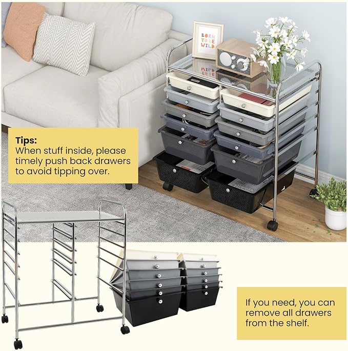 BECOMFORT 12-Drawer Rolling Cart with Drawers, Storage Cart on Wheels, Teacher Classroom Organizers with Metal Frame, Mobile Craft Cart, Trolley Utility Cart for School Office Play Room