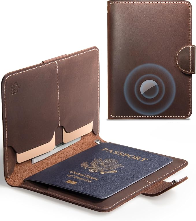 RFID Passport Holder for Travel with Hidden Airtag Slot – Genuine Leather Passport Wallet, Travel Gift for Men & Women