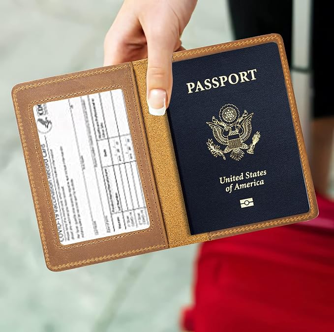 Genuine Leather Passport Holder with RFID Blocking, Slim Design, Brown Color, Unisex