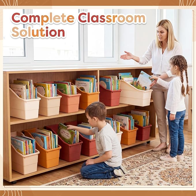 Blosssound 12 Set Book Bins for Classroom Stackable,Earth Tones | Plastic Baskets with Labels, Slanted Front, Library Supplies Organizers, Desktop Storage Bins, Teachers Home School Use