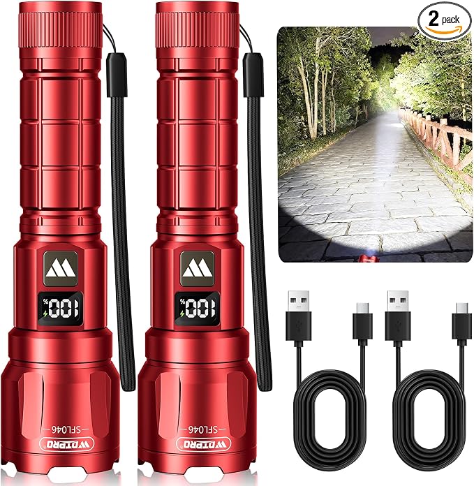 WdtPro LED Rechargeable Flashlight 2 Pack, 3 Modes Super Bright High Lumens Flashlights, Zoomable Tactical Flash Light with LCD Display, IP65 Waterproof Flashlights for Home Emergency Camping - Red