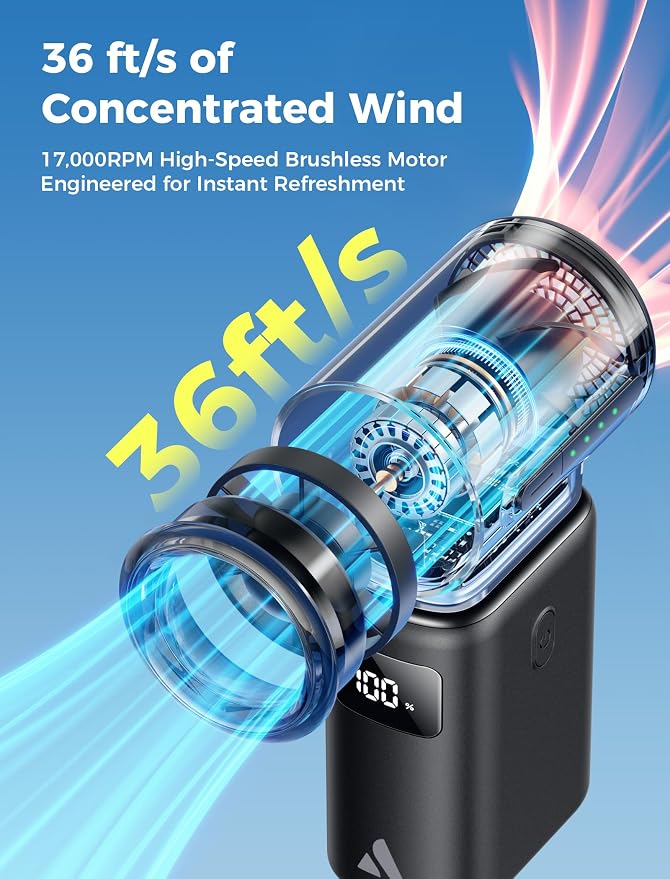 Aecooly Mini Portable Fan with Power Bank, Powerful Handheld Fan | 36ft/s High Speed, [8.5H Max Cooling], 4 Speeds Detachable Modular, Personal Pocket for Summer, Travel, Gifts for Women-Black