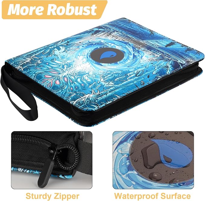 720 Pockets Round Ring Trading Card Binder, 9-Pocket Clear Zipper Card Album with Wrist Strap, Holds 720 Standard TCG Cards Compatible with Sports Baseball Football Game Cards (Blue Print)