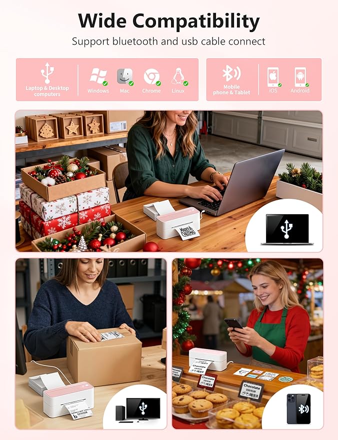 Phomemo Bluetooth Thermal Label Printer, 241BT 4X6 Wireless Shipping Label Printer for Small Business, Pink Labels Printers for Shipping Package, Compatible with iPhone, Android, Shopify, Amazon, USPS