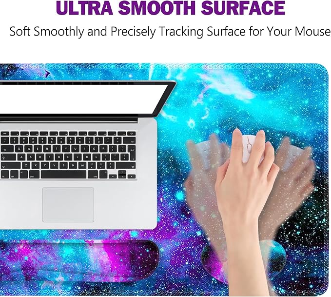 ToLuLu Extended Gaming Mouse Pad, Memory Foam Ergonomic Keyboard Mouse Wrist Rest Support Set, Large Desk Mat with Stitched Edges, Non-Slip Base Mousepad for Home Office Game and Study, Nebula Galaxy
