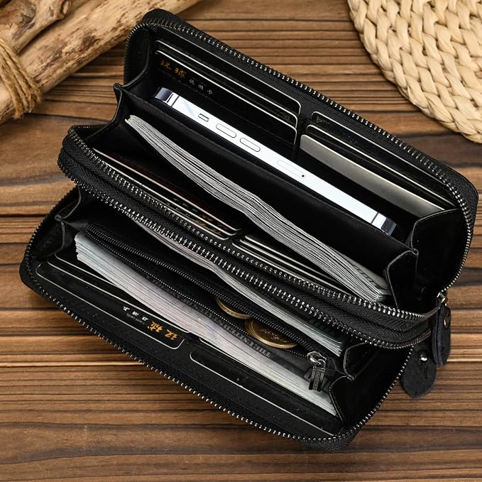 Genuine Leather Long Wallet for Men, Large Capacity Purse Clutch Bag Handbag Checkbook Cash Credit Cards Phone Holder | Large Capacity