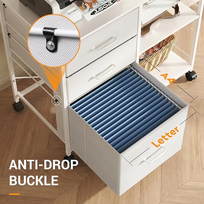 DEVAISE 3 Drawer Mobile File Cabinet with Open Storage Shelf | Rolling Printer Stand, Fabric Lateral Filing Cabinet fits A4 or Letter Size for Home Office, White