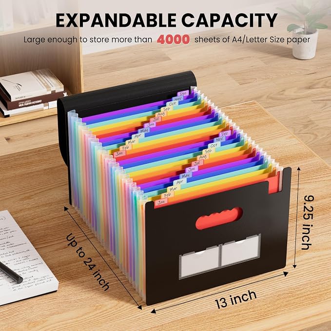 Sooez 24 Pockets Expanding File Folder, Accordion File Organizer, Letter/A4 | Expandable Cover, Desktop Accordion Folders Letter A4 Paper Document Storage Organizer, Blue