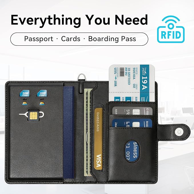 Trackable Passport Holder for Travel, RFID Blocking Wallet, Black | Rechargeable PU leather cover works with Apple Find My and is Apple MFi certified; it includes card storage and a lanyard.