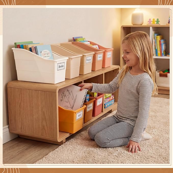 Blosssound 6 Set Book Bins for Classroom Stackable,Earth Tones | Plastic Baskets with Labels, Slanted Front, Library Supplies Organizers, Desktop Storage Bins, Teachers Home School Use