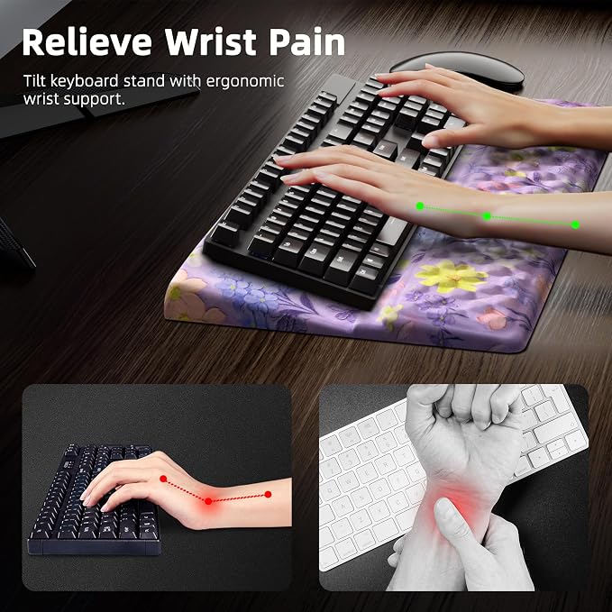 Ospelelf Keyboard Wrist Rest, Ergonomic Memory Foam Wrist Support for Typing & Gaming, Tilted Keyboard Stand Pad, Relief for Wrist Pain, Aesthetic Desk Accessories for Office, Purple Flower