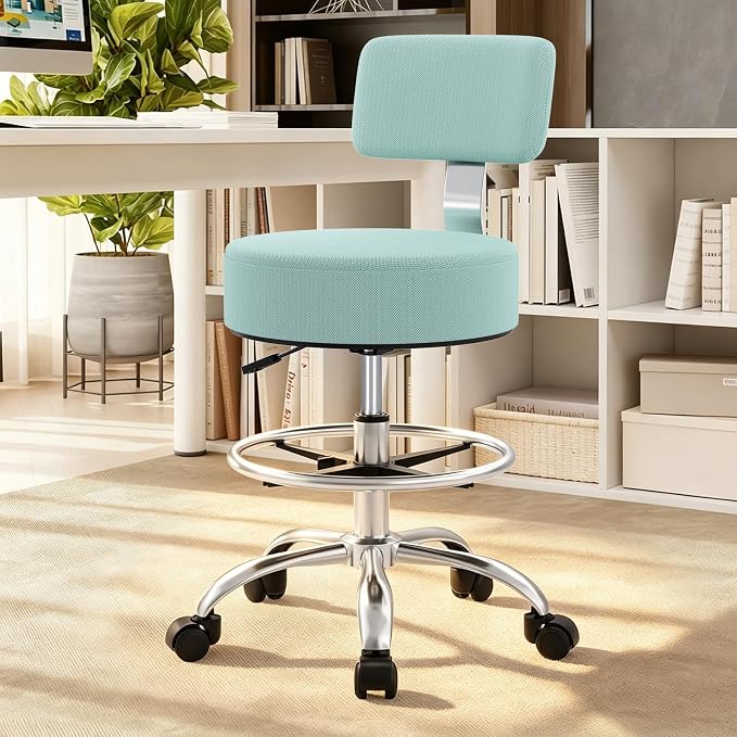 Office Drafting Chair with Footrest, Tall Height Adjustable Stool with Back Support, Heavy Duty Rolling Stool Chair with Wheels for Office Home Kitchen Bar Shop Guitar Studio Vanity, Mint Blue