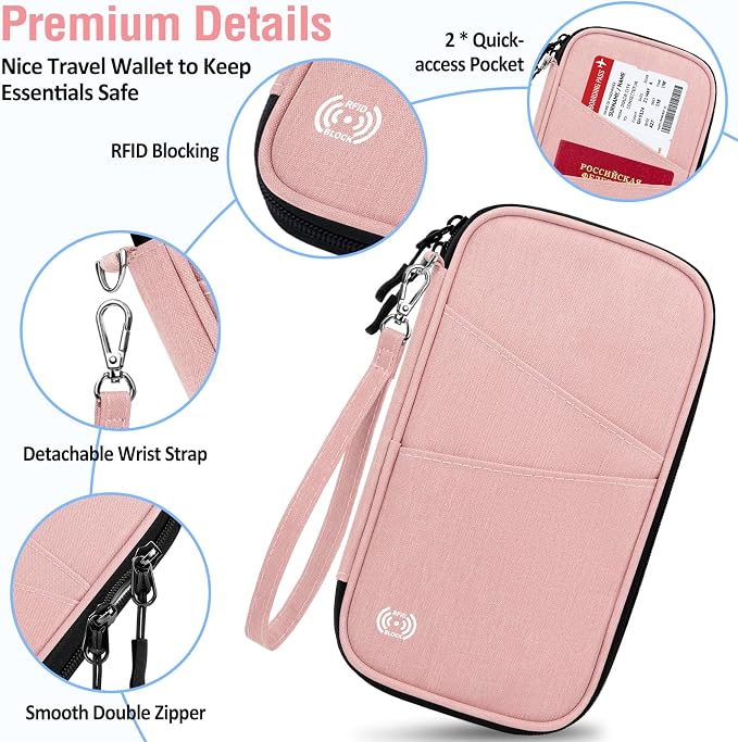 BKNOOU Family Passport Holder RFID Blocking Travel Document Organizer | Large Capacity (5 passports+13 cards), RFID Blocking, Air Travel Essentials, Detachable Wrist Strap and Shoulder Strap