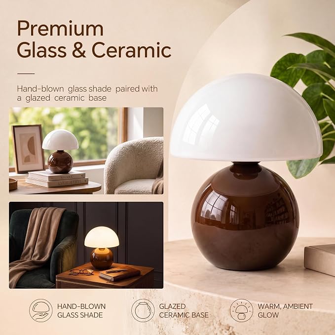 Mushroom Lamp Table Lamp for Bedroom-Small Desk Table Lamps,Coffee | 8.7" Mid Century Modern Table Lamps for Living Room Bedroom Decor,Cute Ceramic Lamps for Mushroom Home Room Decor,Glass Shade