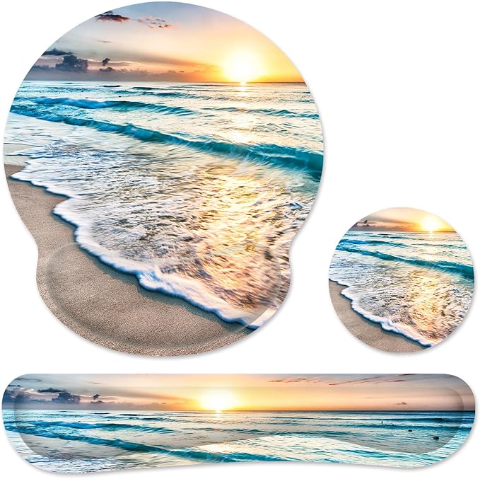 Ergonomic Mouse Pad with Wrist Rest and Keyboard Wrist Rest, Mousepad | Memory Foam Wrist Rest for Computer Keyboard, Pain Relief, Non-Slip Rubber Base, Mouse Pad Wrist Support for Gaming, Beach