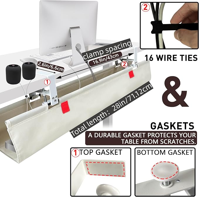 Under Desk Cable Management Tray – No Drill, 28" L x 6" W, Non-Scratch Silicone Clamps, 16 Cable Slots, Washable Honeycomb Base,Beige