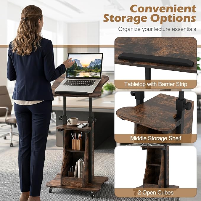 Tangkula Mobile Lectern Podium, Height Adjustable Podium Stand, Sit-to-Stand Desk with Tilting Tabletop & Storage Shelves, Rolling Laptop Cart Desk with Lockable Casters for Home Office School