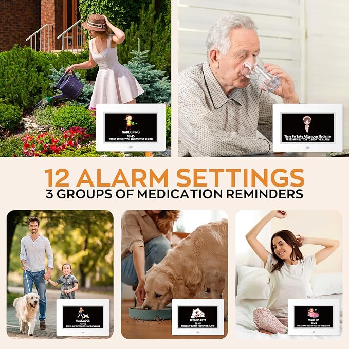 Digital Dementia Clocks for Seniors, 7 Inch, White | Day Date Time Large Display for Poor Vision Easy Read, Medication Reminder Alarm, Spanish 10 Languages, Alzheimer Gifts