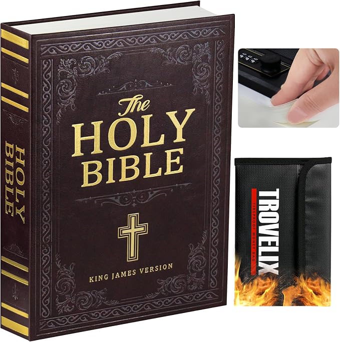 Book Safe with Combination Lock, Hidden Safe (10.9 x 7.7 x 1.8 Inch) with Fireproof Bag, Secret Diversion Safe, Hollow Book Box Hidden Storage, Money Safe Box for Cash (Bible)