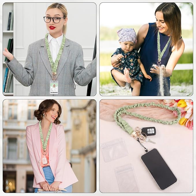 Prudiut Scrunchie Lanyard for Id Badges, Retractable Teacher Lanyards Black Stretchy Scrunchie Lanyard with Id Holder for Women (Green)