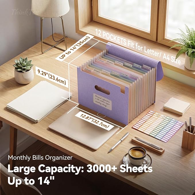 ThinkTex 12-Pocket Accordion File Organizer, Letter & A4 Size, 16 Colors | for Paper Receipts, Bills&Taxes Organizer, Portable Letter/A4 Size Document Holder for School, Office, Home