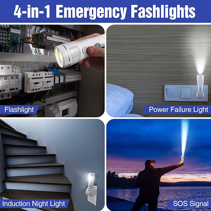 Enhon 6 Pack 4 in 1 LED Emergency Lights for Home Power Failure, Rechargeable Plug in Flashlight Motion Sensor Night Light, Automatic Turn On Power Outage Light for Home Hurricane Supplies (White)