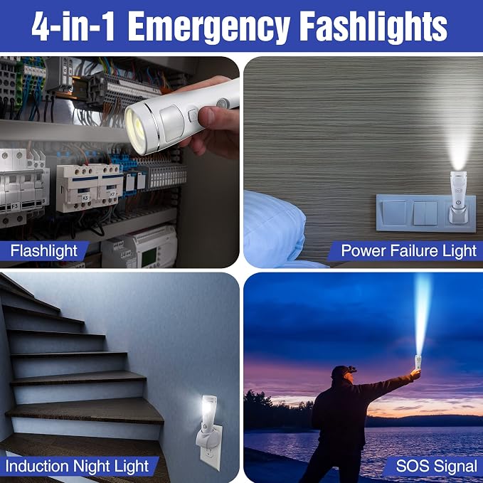 Enhon 2 Pack 4 in 1 LED Emergency Lights for Home Power Failure, Rechargeable Plug in Flashlight Motion Sensor Night Light, Automatic Turn On Power Outage Light for Home Hurricane Supplies (White)