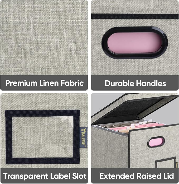 BALEINE File Organizer Box with Lid, Collapsible Hanging File Storage Box | Smooth Plastic Rails, Textured Fabric Exterior, Collapsible Hanging File Folder Box for Office Document Storage