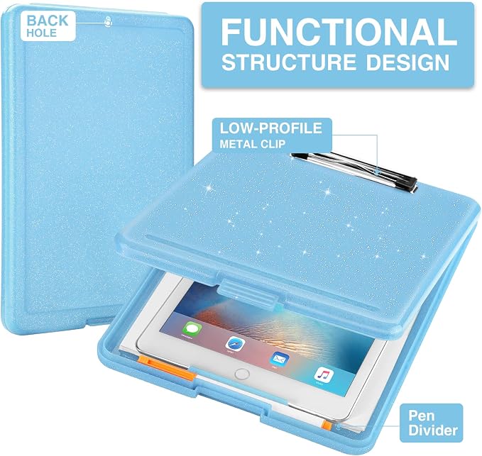Sooez Clipboard with Storage, Plastic Storage Clipboards with Low Profile Clip, Nursing Clip Boards Foldable, Hanging Clipboard Case for Work, Teacher, Classroom Must Haves, Office School Supplies