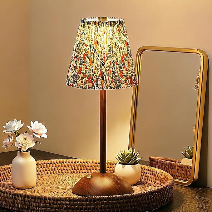 Small Vintage Cordless Table Lamp, Rechargeable Battery Operated Lamp with 3 Color Temperatures Stepless Dimming, Floral Bedside Nightstand Lamp for Bedroom, Living Room, Coffee Table, Bookshelf