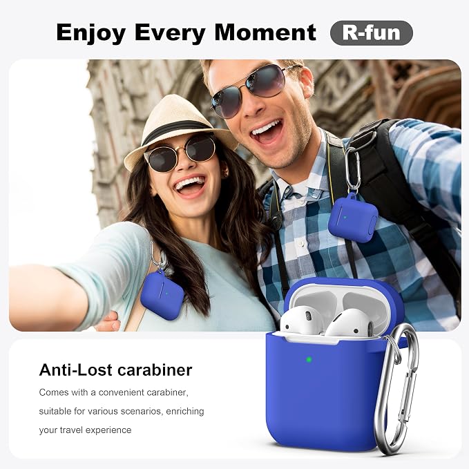 R-fun for AirPods 1/2 Case, Soft Silicone Protective Cover with Keychain and Cleaning Pen, Compatible with AirPods 2nd/1st Generation (2016/2019), Full Drop Protection Cover, Blue