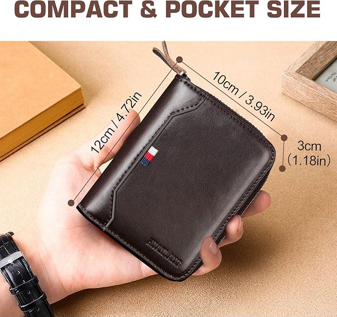 HUANLANG Mens Wallet RFID Blocking Multi Card Holder Wallets for Men Bifold Wallet with Zipper Small Men's Leather Wallet