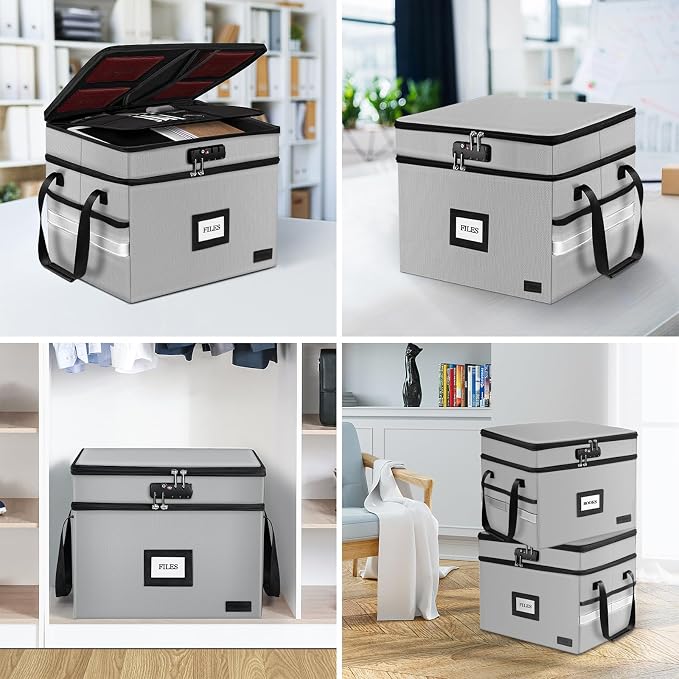 Fireproof File Oganizer with Lock, 2 Layer Fireproof Document Box Storage | Portable File Cabinet Storage Box with 5 Tab Inserts & Handle for Hanging Letter, Legal Size Folder, Certificate