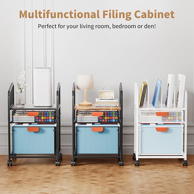Marbrasse Rolling File Cart with Adjustable Dividers, Mobile File Cabinet on Lockable Wheels, Office Filing Cabinet Organizer, Hanging File Folder Organizer for Home Office - White