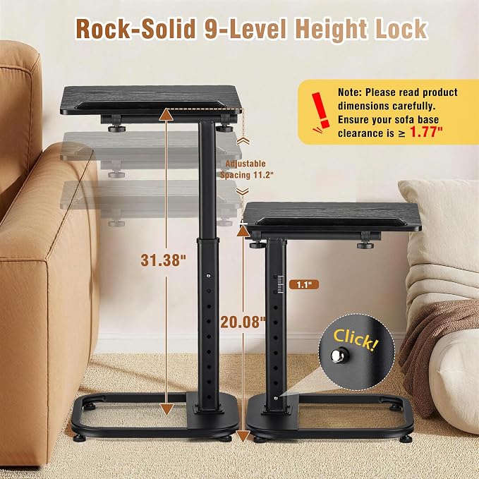 facka Adjustable Height TV Tray Table for Couch Eating, Laptop Small Spaces | C Shaped Flip-Top Couch Table, 9-Level 20-31 in Height Range, Rounded Corners, Sofa Side Table Black