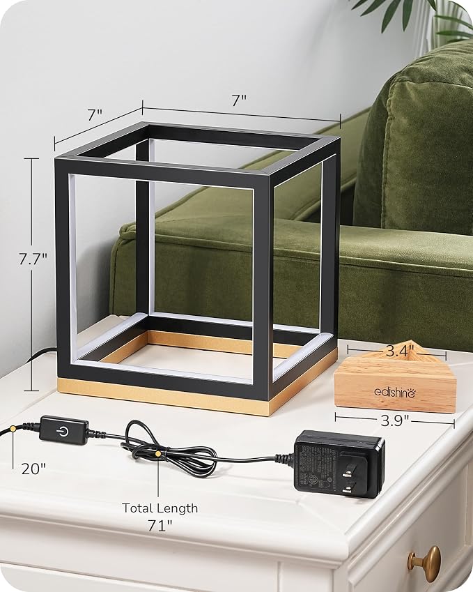 EDISHINE Modern LED Table Lamp, Minimalist Bedside Lamp for Living Room | Solid Wood Base, 3 Way Dimmable, 3000K/4500K/6000K, 470LM, Black Gold Square Geometric for Bedroom, Office