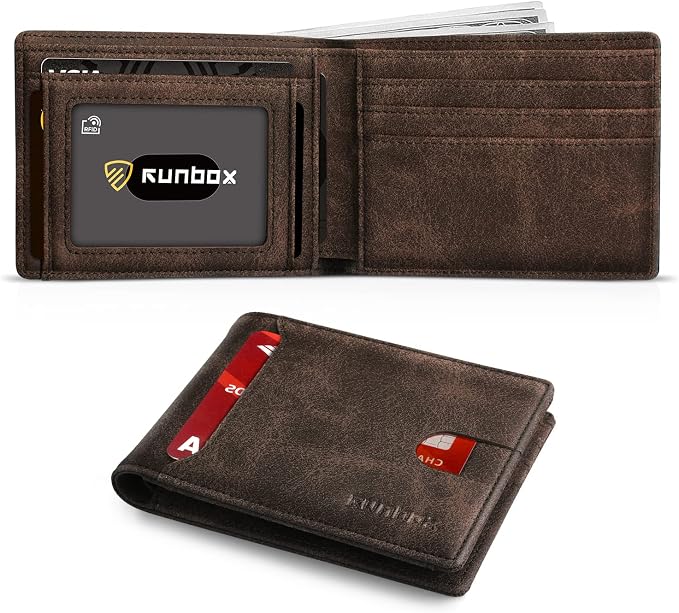 RUNBOX Wallet for Men, Slim Leather Bifold, RFID Blocking Card Holder | Minimalist Front Pocket Design, Credit Card Organizer, Holds 11 Cards, Large Capacity, Thin Profile, Birthday Gifts for Men