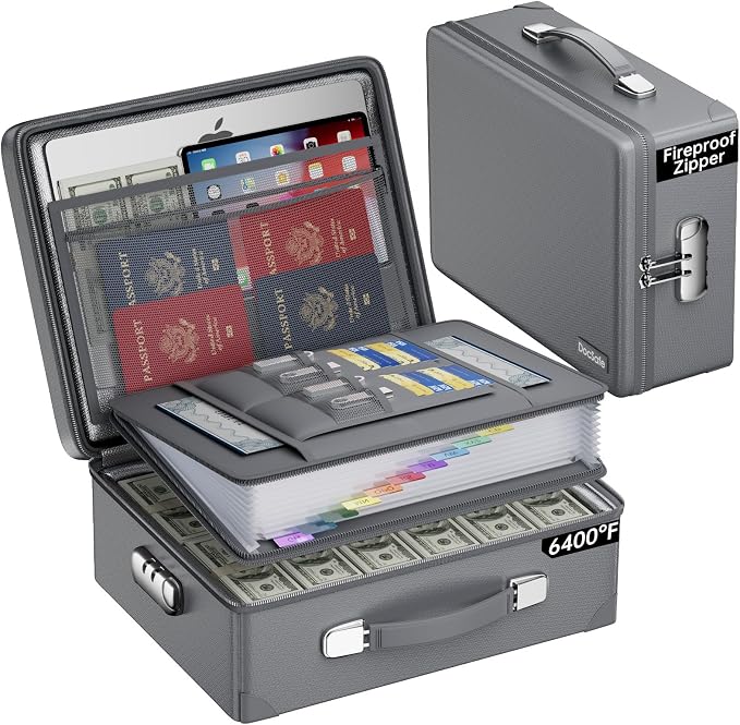 DocSafe 6400°F Fireproof Document Box with Lock, 10 Layers Heat Insulated | Fire&Water Resistant,Hard Case Safe Box with Zipper＆Multi Pockets, Protects Personal Items,Documents,Laptop,Passport,Grey