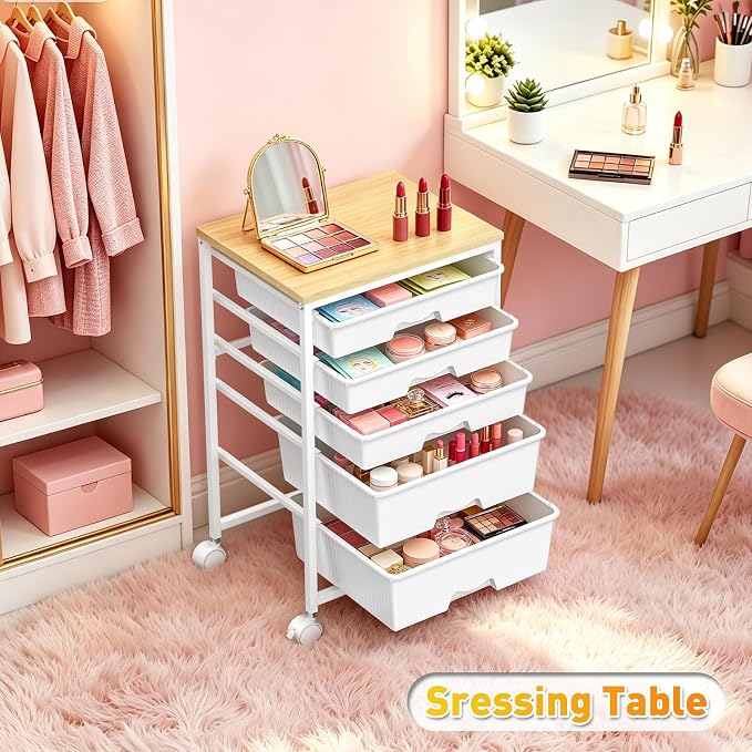 SUNALLY Rolling Carts with 5 Drawers, Storage Drawer Carts for Craft, White | Rolling Utility Cart with Wooden Tabletop & 2 Lockable Wheels, Teacher Storage Cart for Classroom School, Makeup, Nail, Art