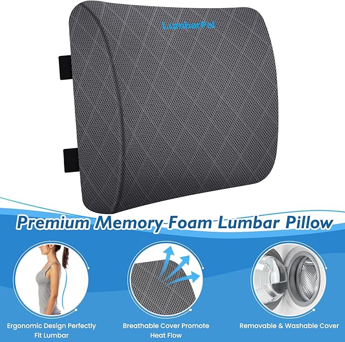 Lumbar Support Pillow for Office Chair, Back Support, Memory Foam, Grey | Improve Sitting Posture & Back Pain Relief. Lumbar Pillow Fits Office, Gaming & Car Chairs with Adjustable Dual Straps