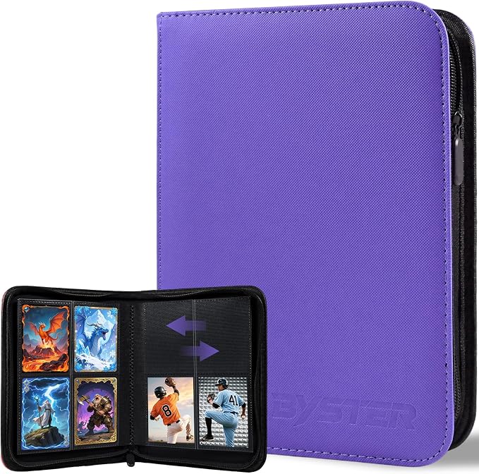 BYSTER 4 Pocket Card Binder, Premium PU Trading Card Binder with Zipper, 160 Capacity Side-Loading Binder for TCG, MTG, Sports Cards, Game Cards, Purple