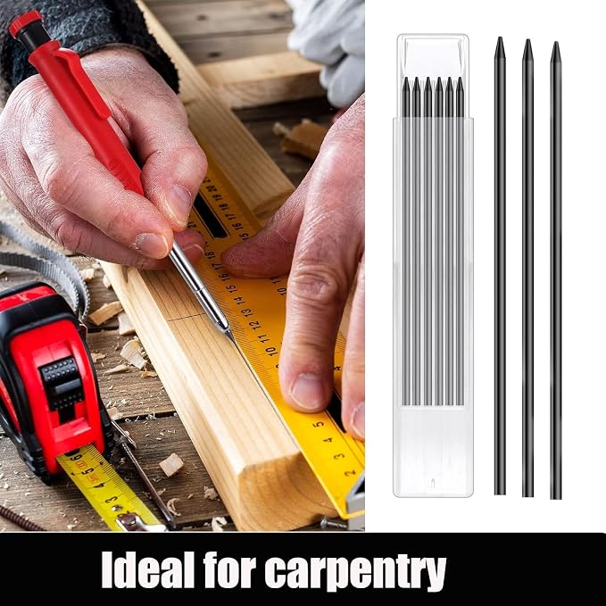 TuTuYa 36Pcs 2.8mm Pencil Refill Black, with 1 Carpenter Pencil w/Sharpener | Waterproof Lead Refills Replacement, Long Reach/Deep Hole/Long Nose for Architect &Carpenter Woodwork Construction Building