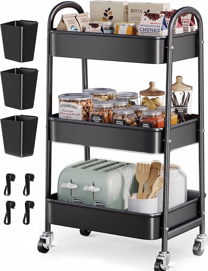 3 Tier Rolling Cart Metal with Wheels, Heavy Duty Three Tiered Rolling Storage Cart on Wheels, Black Utility Roller Carts Organizer for Baby, Art, Craft, Snack,Book, Nail, Diaper Caddy, Cleaning, Dorm