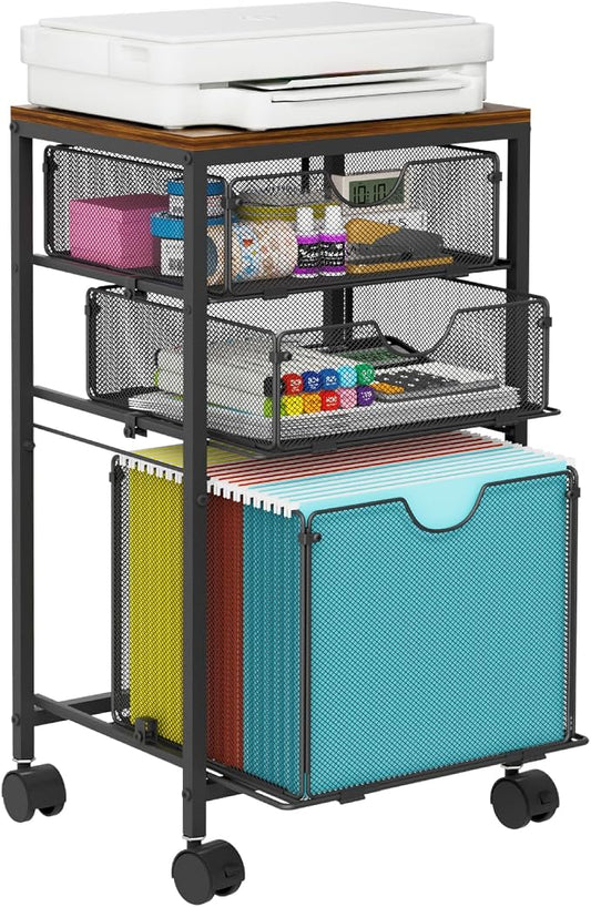 BOHDK Rolling File Cart with 3 Storage Drawers, Wood & Mesh Hanging File Folder Organizer with Wheels Under Desk, File Cabinets for Home Office, 11.81" D x 14.8" W x 25.39" H, Black