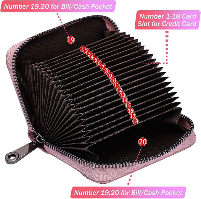 Linno RFID 20 Slots Credit Card Holder Genuine Leather Small Wallet for Women or Men with Zipper